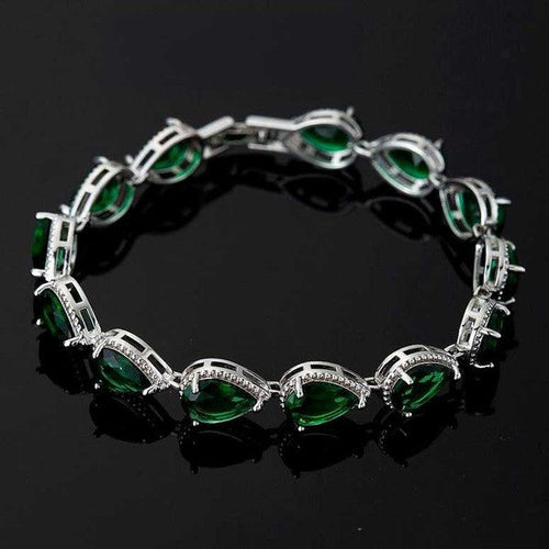 Pear Shape Cubic Zirconia Tennis Bracelet Emerald Tone One Silver-Green