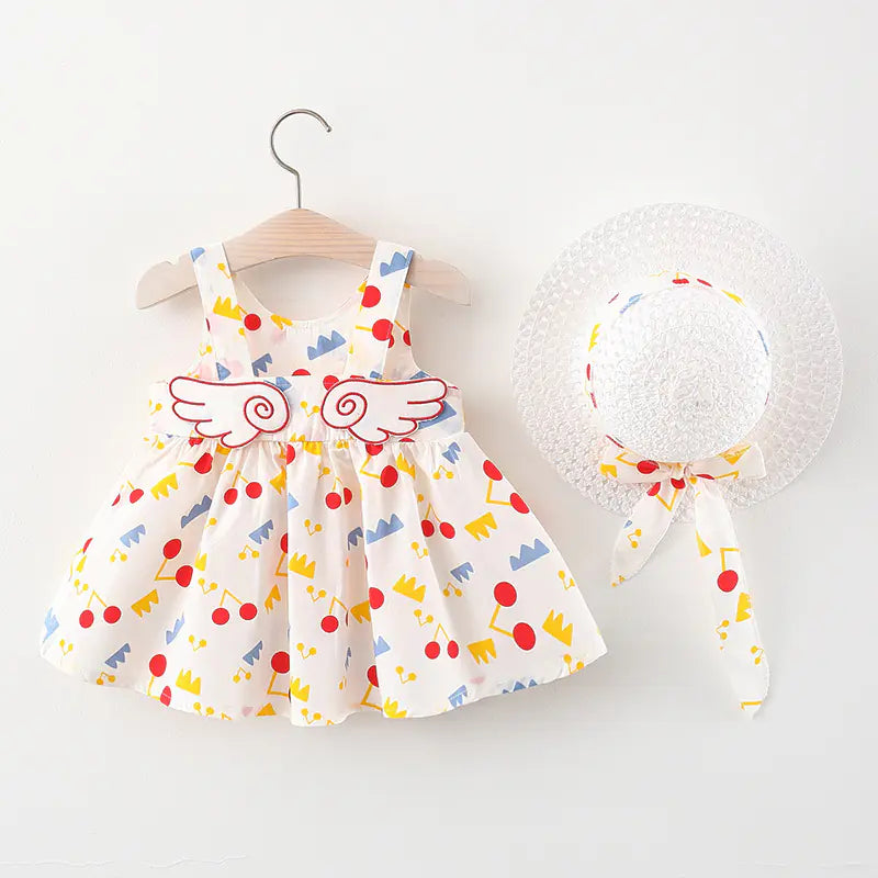 Summer Big Dot Wings Princess Dress with Hat White Note Wings Red 73