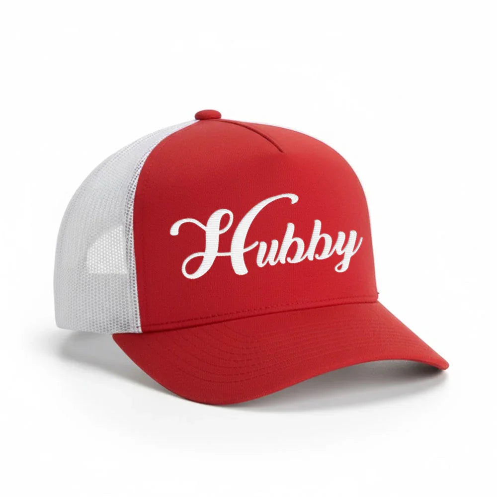 Embroidered Hubby Trucker Hat – Classic Mesh Cap for Wedding or Anniversary Red - White