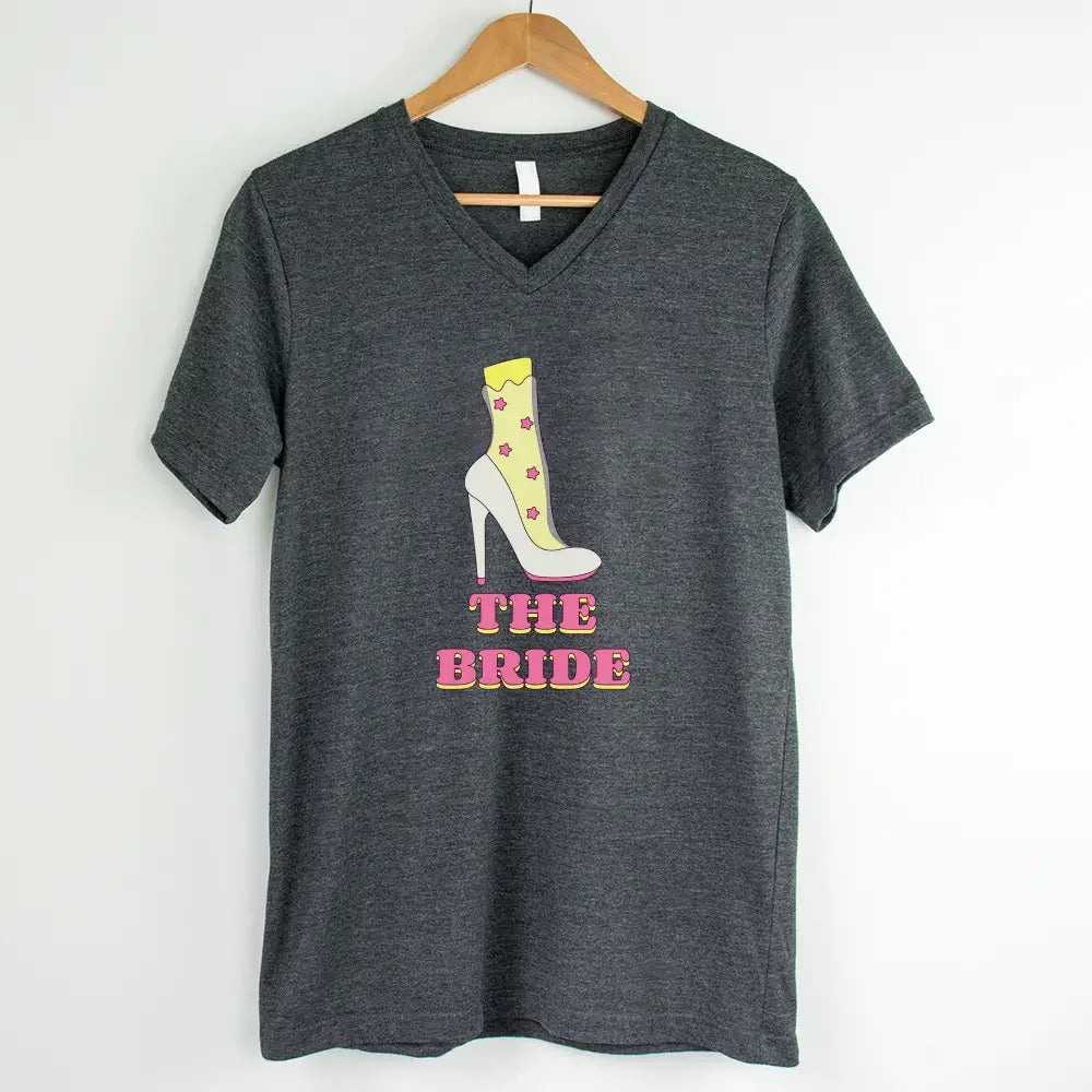 🍾 Team Bride & The Bride 💍 Bachelorette Party Matching V-Neck T-Shirts The Bride Dark Heather
