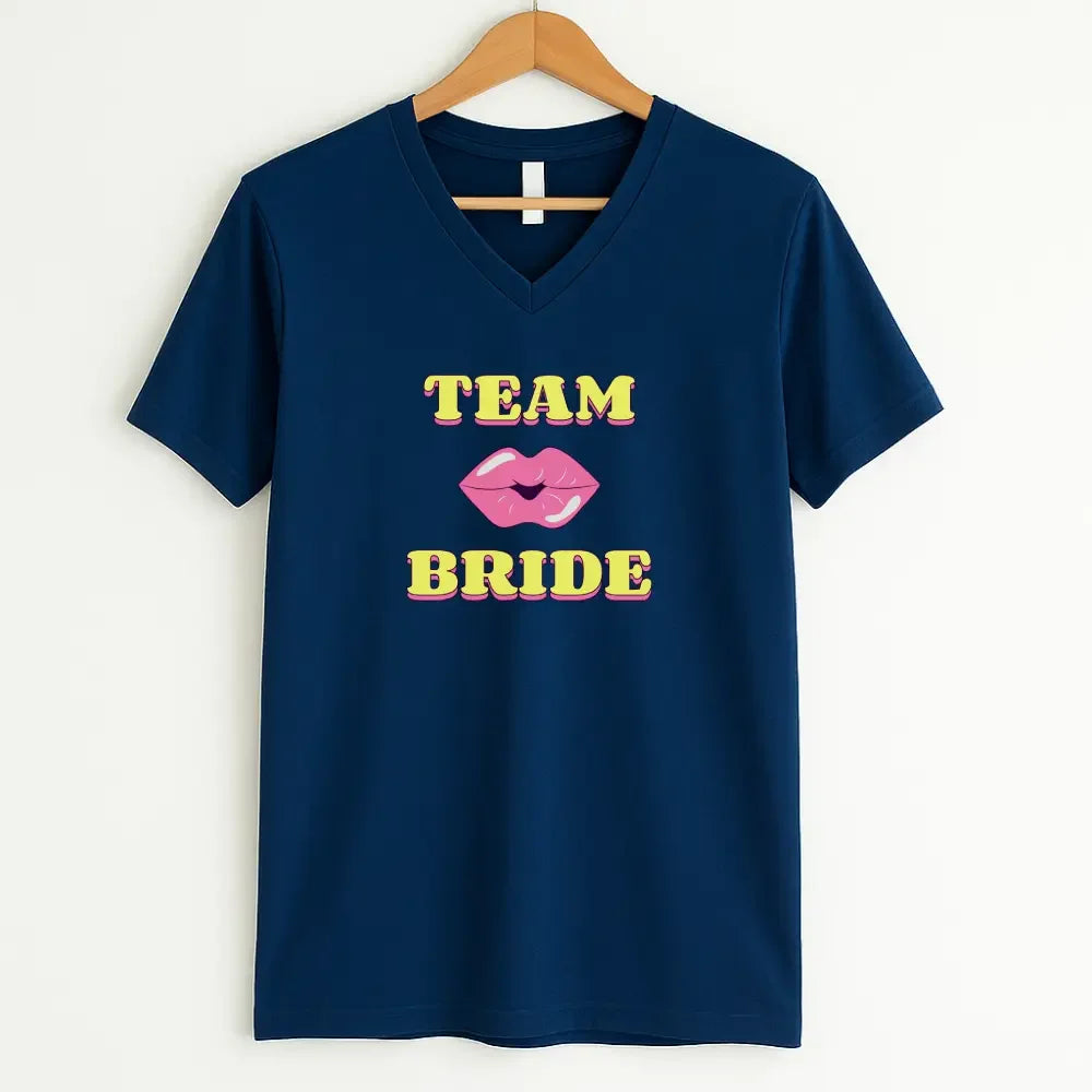 🍾 Team Bride & The Bride 💍 Bachelorette Party Matching V-Neck T-Shirts Team Bride Navy