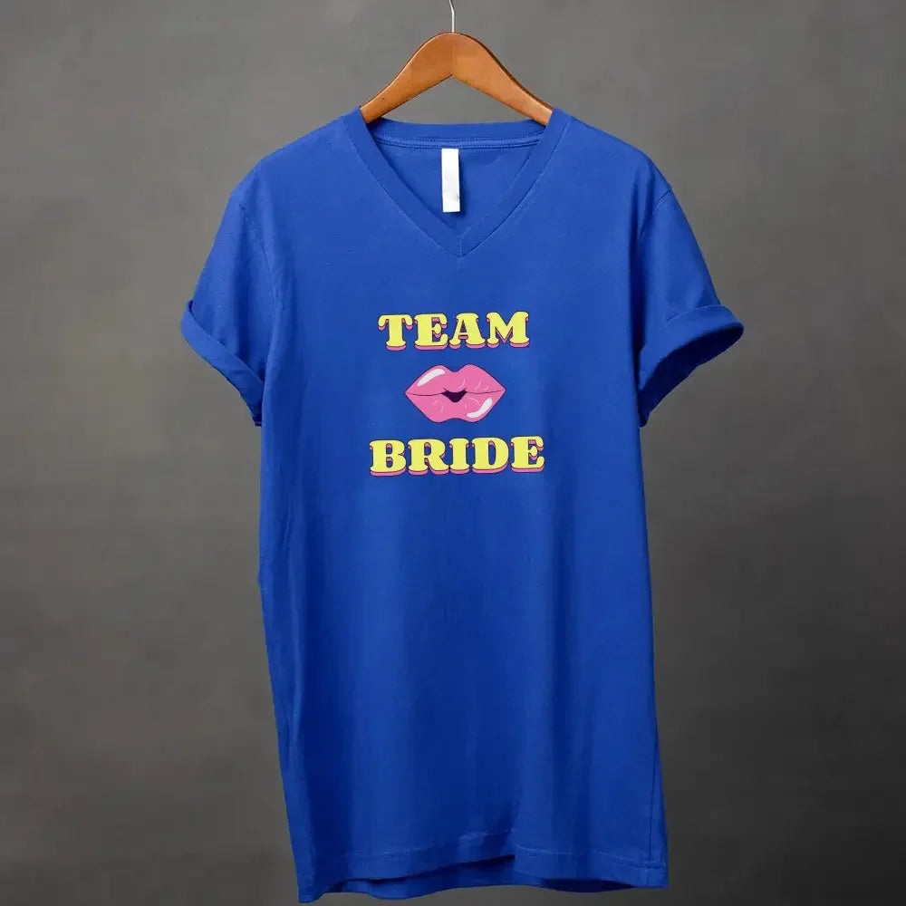 🍾 Team Bride & The Bride 💍 Bachelorette Party Matching V-Neck T-Shirts Team Bride Royal Blue