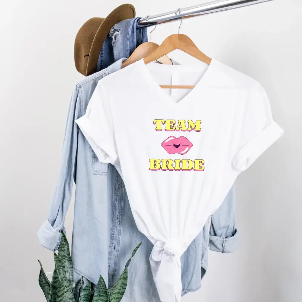 🍾 Team Bride & The Bride 💍 Bachelorette Party Matching V-Neck T-Shirts Team Bride White