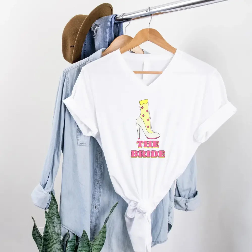 🍾 Team Bride & The Bride 💍 Bachelorette Party Matching V-Neck T-Shirts The Bride White