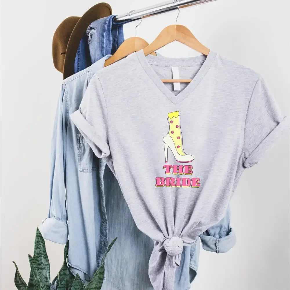 🍾 Team Bride & The Bride 💍 Bachelorette Party Matching V-Neck T-Shirts The Bride Grey