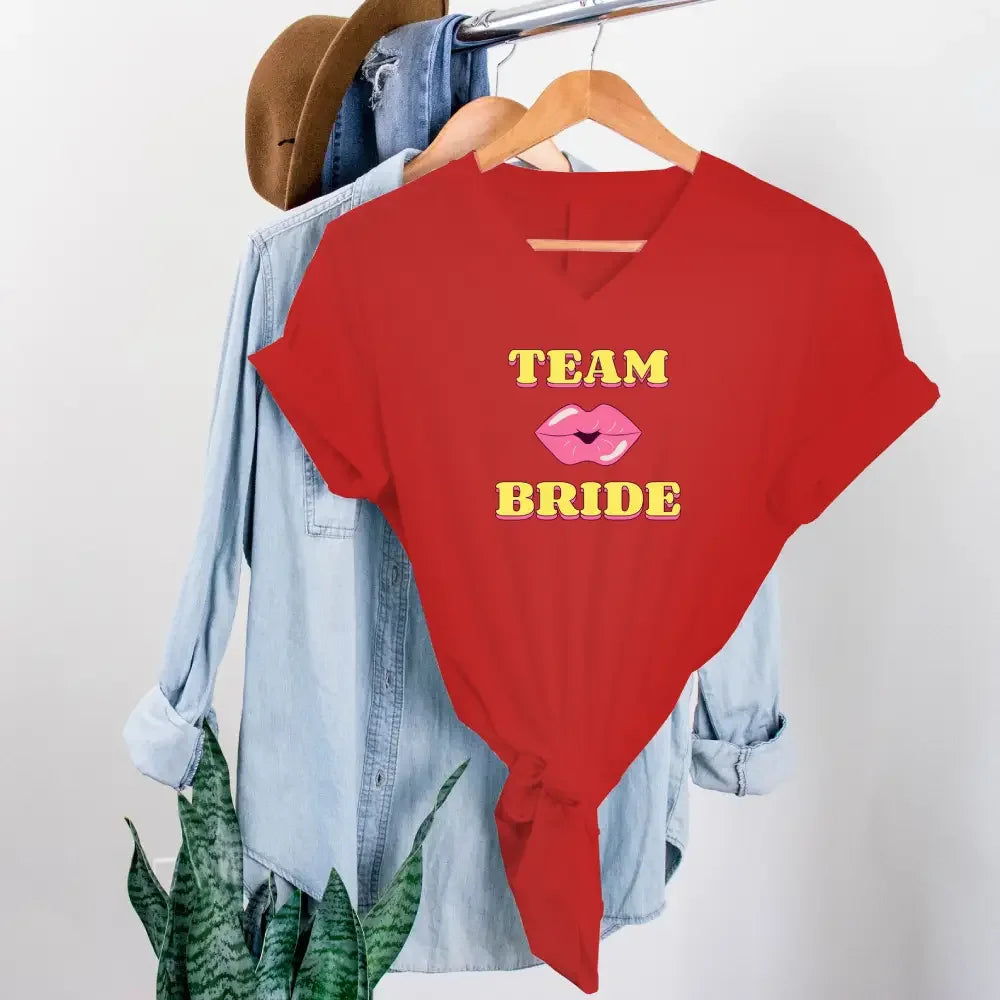 🍾 Team Bride & The Bride 💍 Bachelorette Party Matching V-Neck T-Shirts Team Bride Red