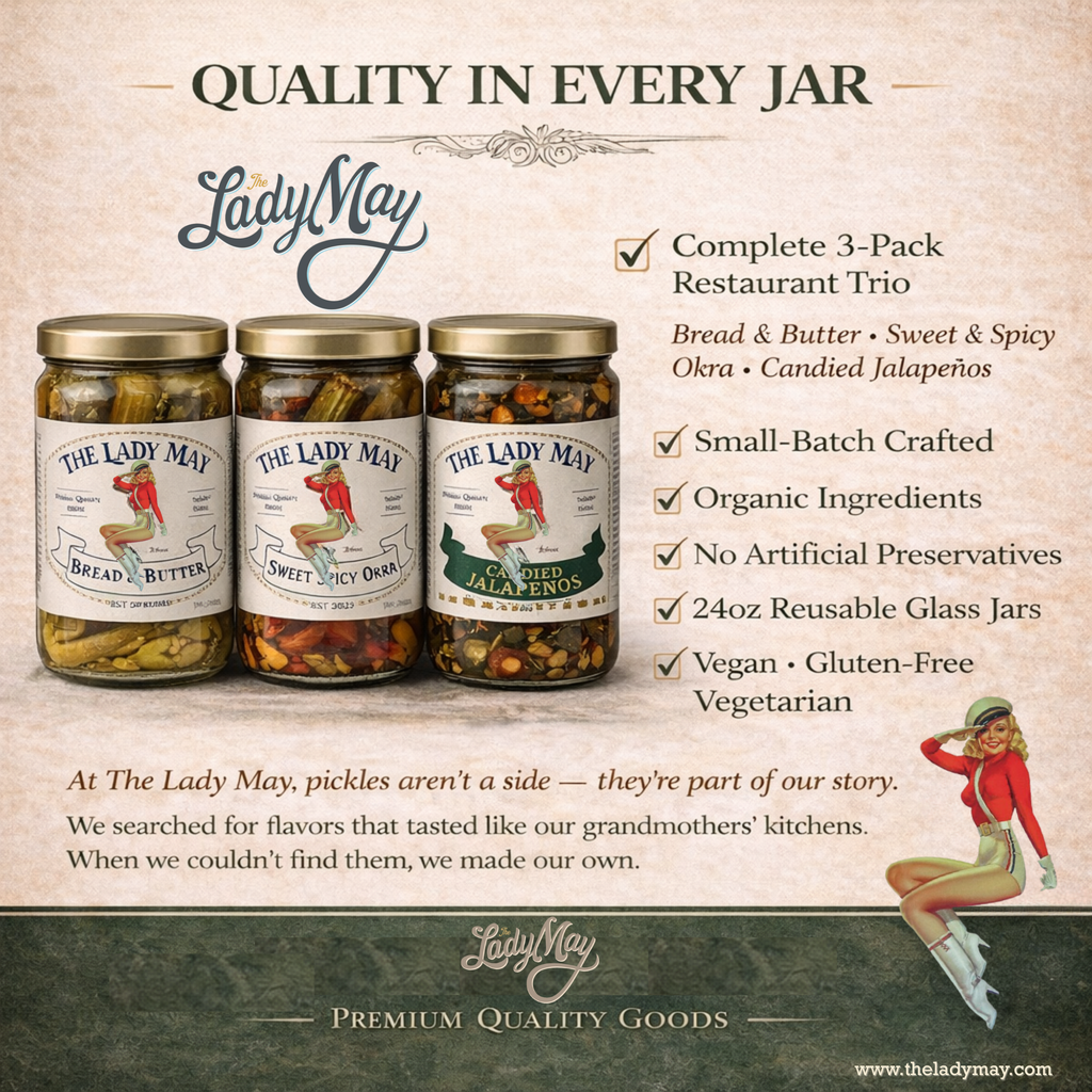 Lady May Pickle Trio Gift Set – 3 Pack Bundle (24oz Jars) – Bread & Butter Sweet Pickles, Sweet & Spicy Pickled Okra, Candied Jalapeños – Small Batch Southern Style – Restaurant Made Gourmet Pickles