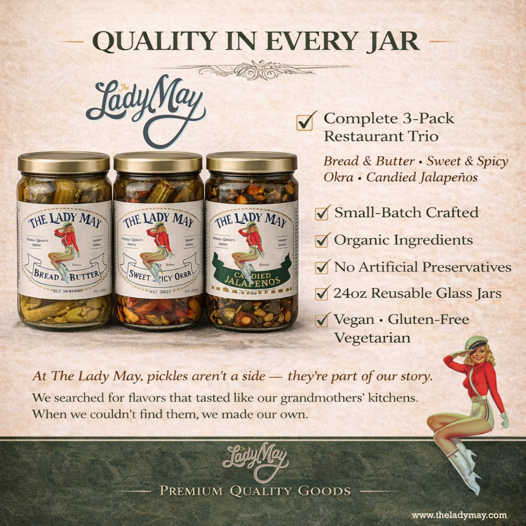 Lady May Pickle Trio Gift Set – 3 Pack Bundle (24oz Jars) – Bread & Butter Sweet Pickles, Sweet & Spicy Pickled Okra, Candied Jalapeños – Small Batch Southern Style – Restaurant Made Gourmet Pickles