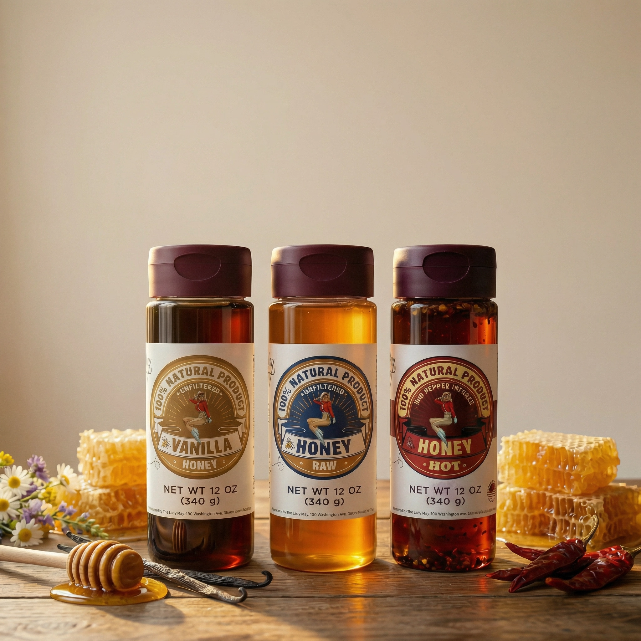Honey Trio 3-Pack Gift Set - Raw, Hot & Vanilla Honey | Small Batch Farm Grown | Lady May