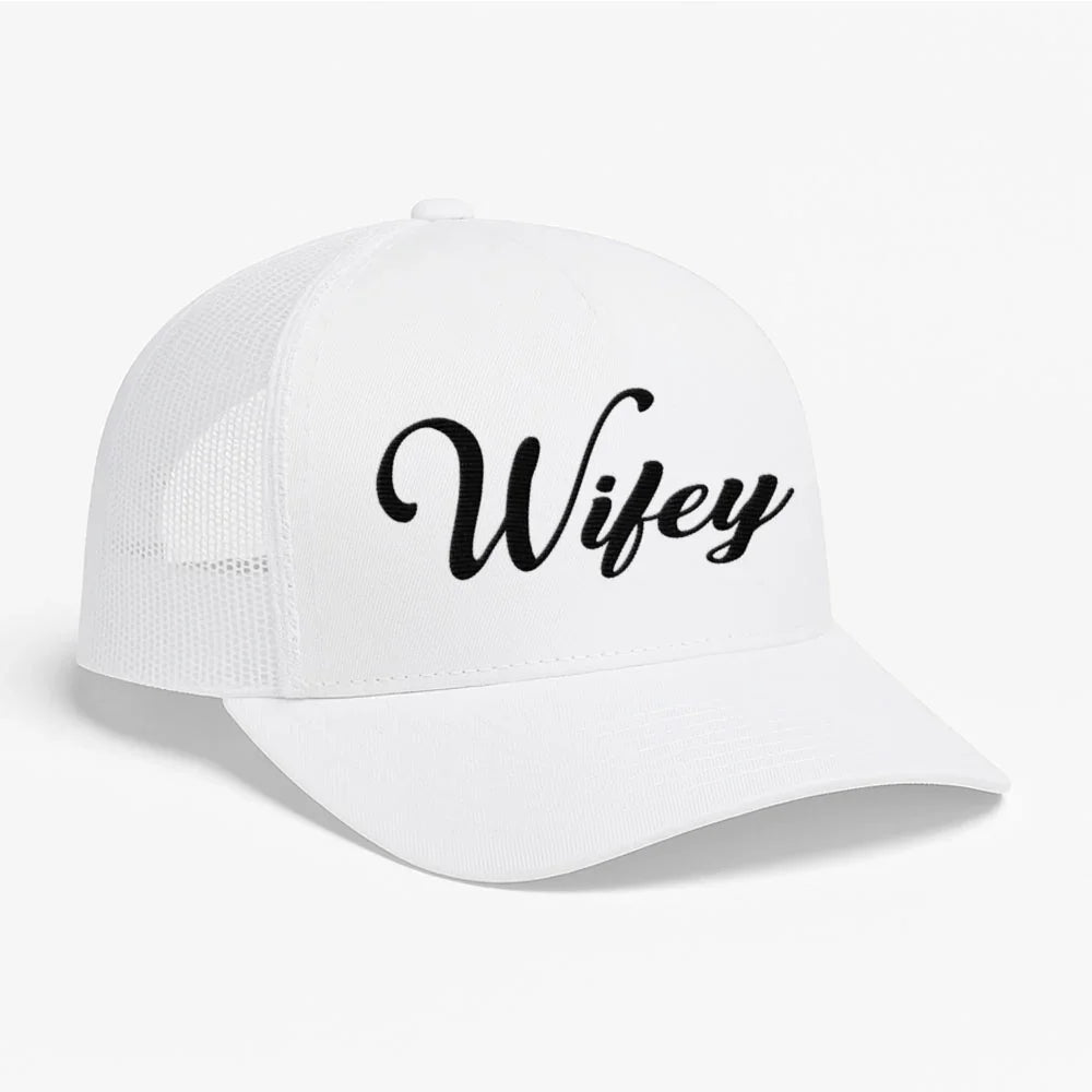 Embroidered Wifey Trucker Hat – Classic Mesh Cap for Wedding or Anniversary White