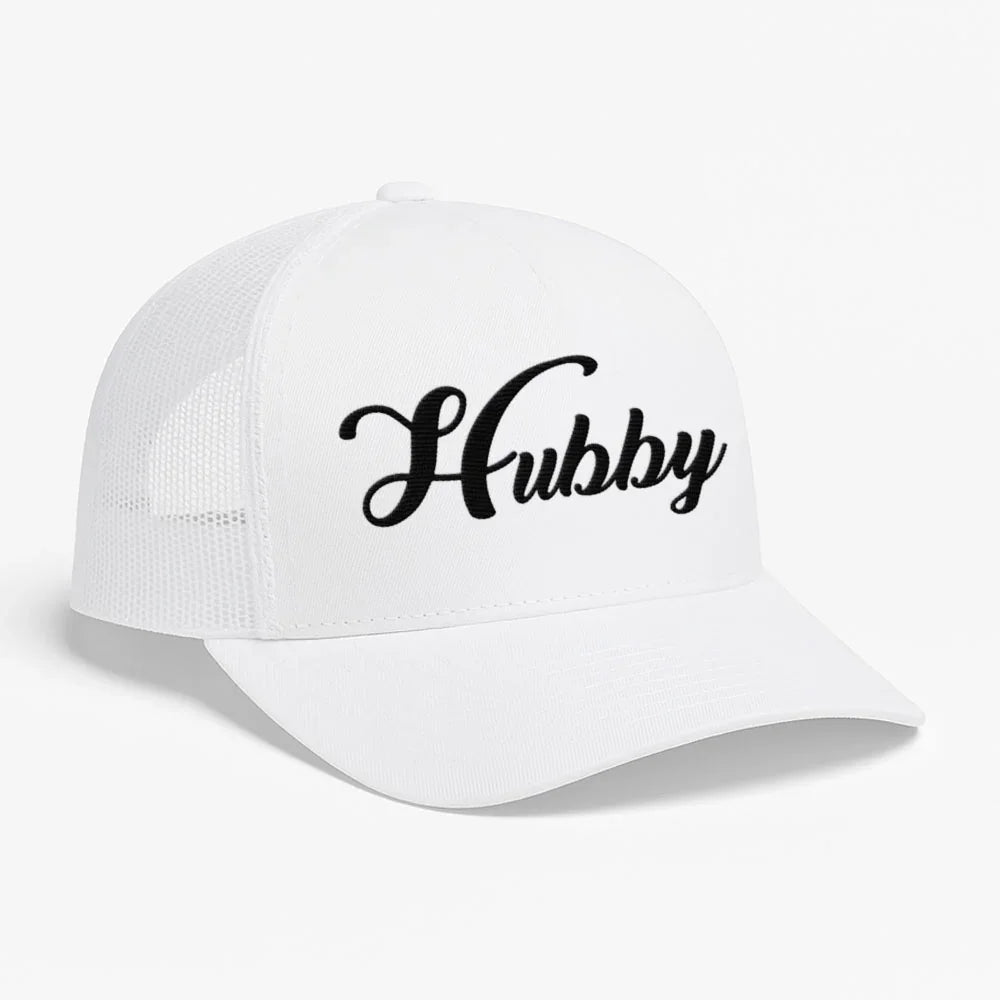 Embroidered Hubby Trucker Hat – Classic Mesh Cap for Wedding or Anniversary White
